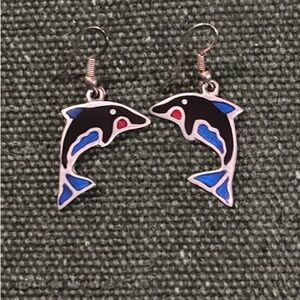 Vtg Taxco Mexico Turquoise Onyx Inlay stamped killer whale Earrings